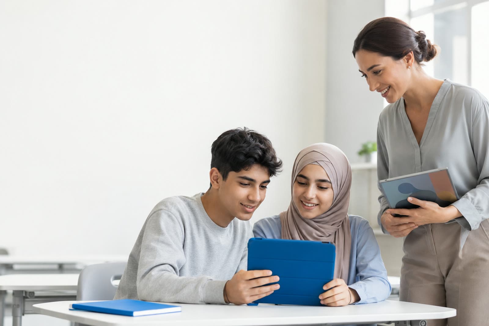Öğretmen ve iki öğrenci sınıfta tabletle çalışıyor
