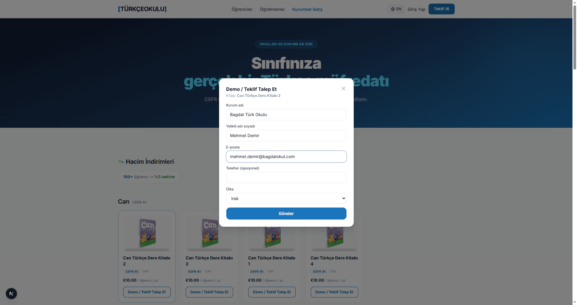 Kurumsal Satış sayfası — Demo / Teklif Talep Et formu: kurum adı, yetkili, e-posta, ülke